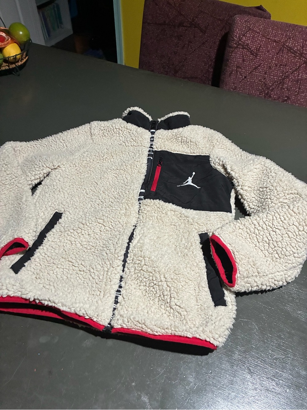 Jordan Kids' Cream Sherpa Jacket with Black & Red Accents size medium EUC
